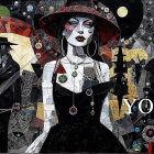 Collage of Woman in Black Dress with Abstract Cityscapes