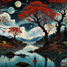 Lakeside Scene with Red Trees and Two Moons