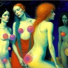 Ethereal Women Against Cosmic Backdrop with Orbs