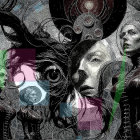 Mystical forest scene with cloaked figures and cosmic eye