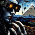 Futuristic Woman Contemplating Pyramid in Surreal Landscape