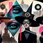 Witch Hat Women Surrounded by Colorful Cats Artwork