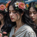 Three Women with Flowers in a Vibrant Sky