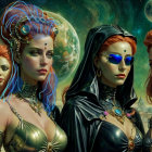 Women in Elaborate Attire Against Cosmic Backdrop