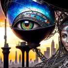 Futuristic cityscape featuring mechanical structures and androids