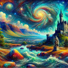Fantasy landscape with castle, river, hills, and starry sky