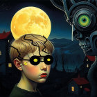 Young person in sunglasses near whimsical moonlit village
