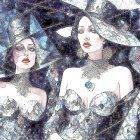 Elegantly Dressed Women in Metallic Corsets and Accessories