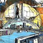 Surreal Landscape with Fragmented Buildings and Sunset