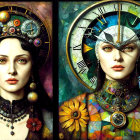 Surreal Portrait of Woman with Clock and Floral Motifs