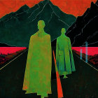 Shadowy Figures in Green Cloaks on Winding Road