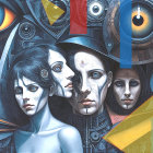 Surreal Composition of Three Female Faces with Geometry