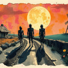 Three Cloaked Figures Walking Towards a Glowing Sun