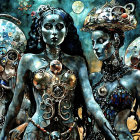 Three Figures in Jewel Patterns with Abstract Backdrop
