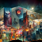 Futuristic cityscape with colorful facades and symbolism