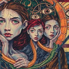 Stylized Female Figures with Geometric Patterns