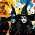 Artistic portrayal of four uniquely adorned witches
