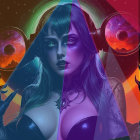 Mystical Woman with Green Eyes in Cosmic Scene