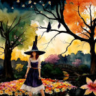 Young witch in a magical landscape with autumn scenery
