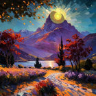 Vibrant Landscape with Path, Lake, and Mountains