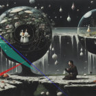 Surreal Landscape with Spherical Structures and Waterfall