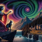Young Woman and Cats by a Mystical Lake at Night