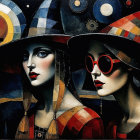 Stylized Women with Colorful Hats and Celestial Background