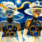 Stylized Figures with Cosmic Elements in Blue Background