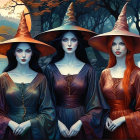 Witches in Flowing Gowns Beside a Tranquil River