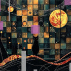 Black Cat Against Abstract Geometric Background