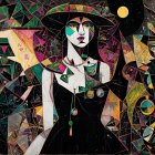 Mystical Autumn Scene with Woman and Haunted House