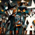 Stylized Figures with Angular Faces and Geometric Shapes