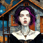 Woman with Tattoos and Purple Highlights by Cabin at Night