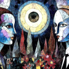 Stylized Faces with Abstract Background and Flowers