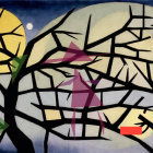 Witch on Tree Branch in Twilight Landscape with Moons