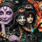 Steampunk Figures in Intricate Attire with Geometric Background