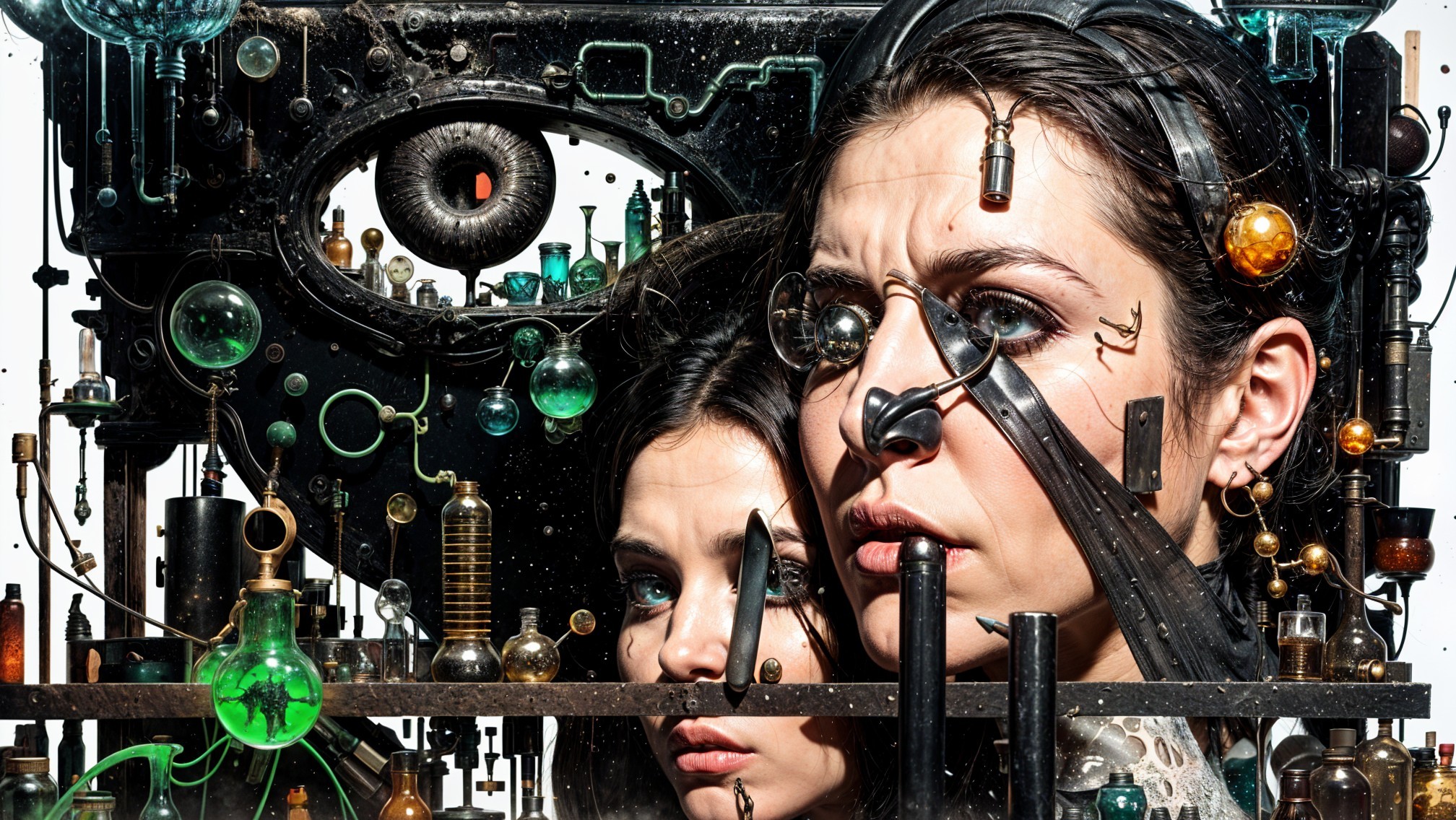 Surreal Steampunk Composition with Female Faces and Lab Elements