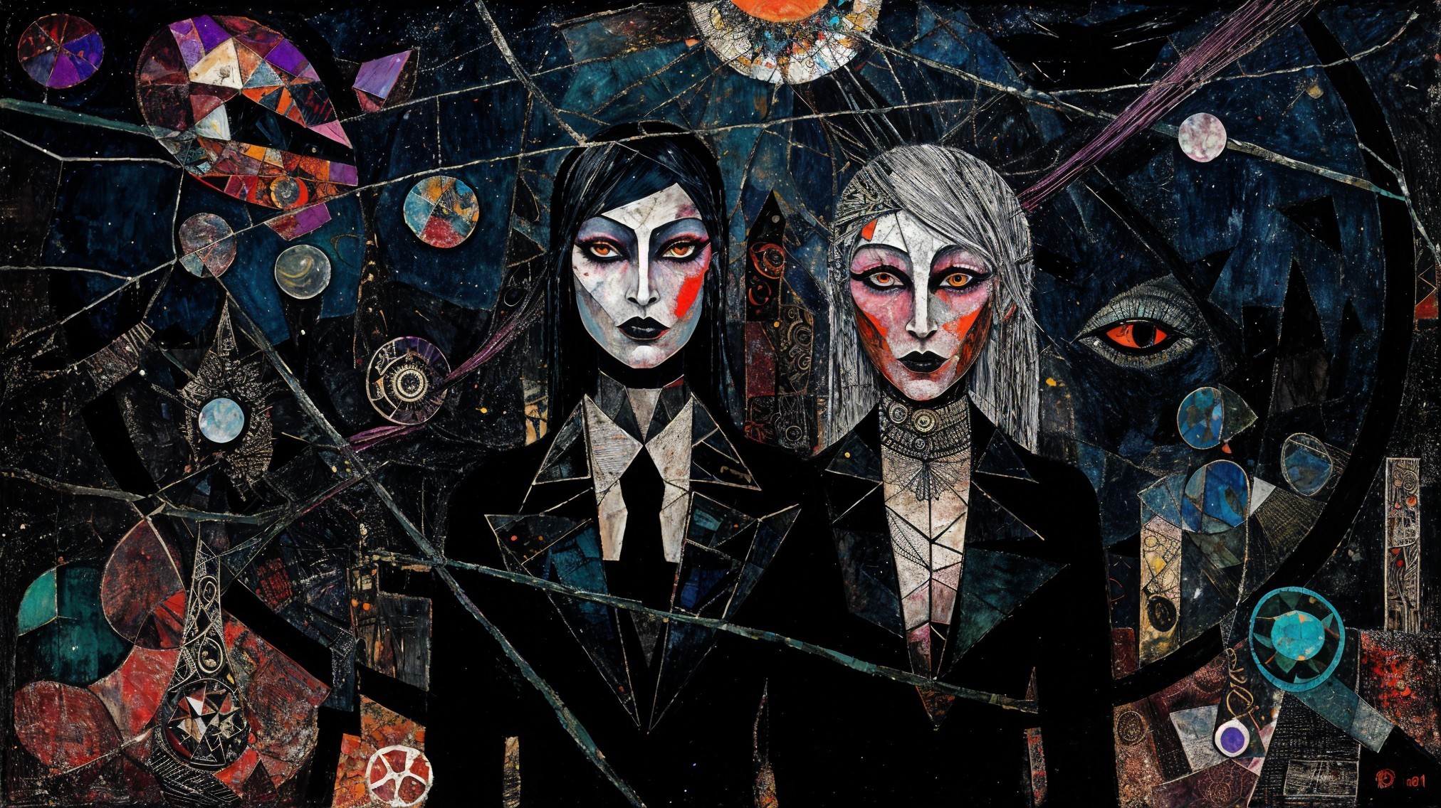 Androgynous Figures in Black Suits with Cosmic Background