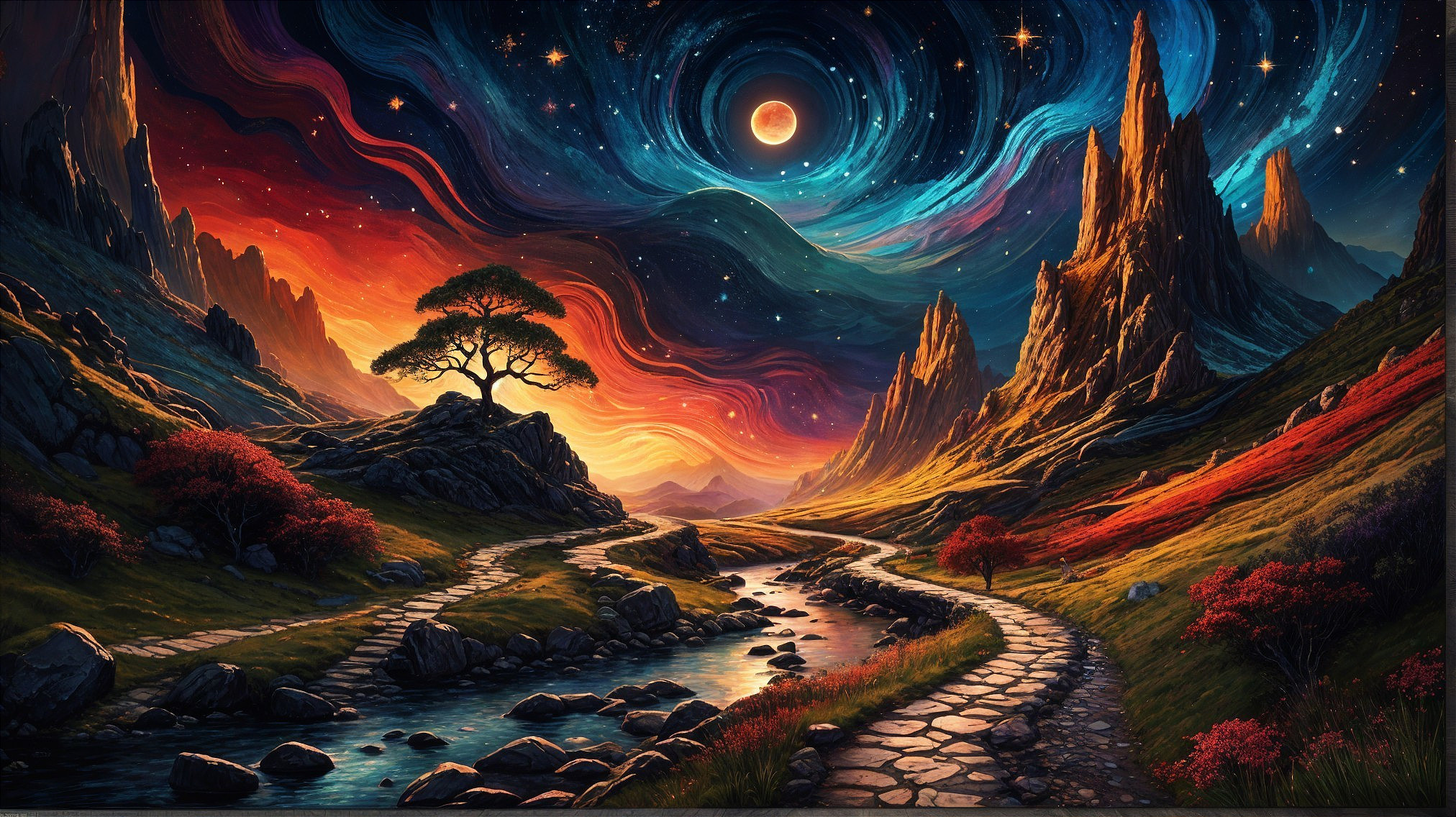Vibrant Landscape with Mountains and Cosmic Sky