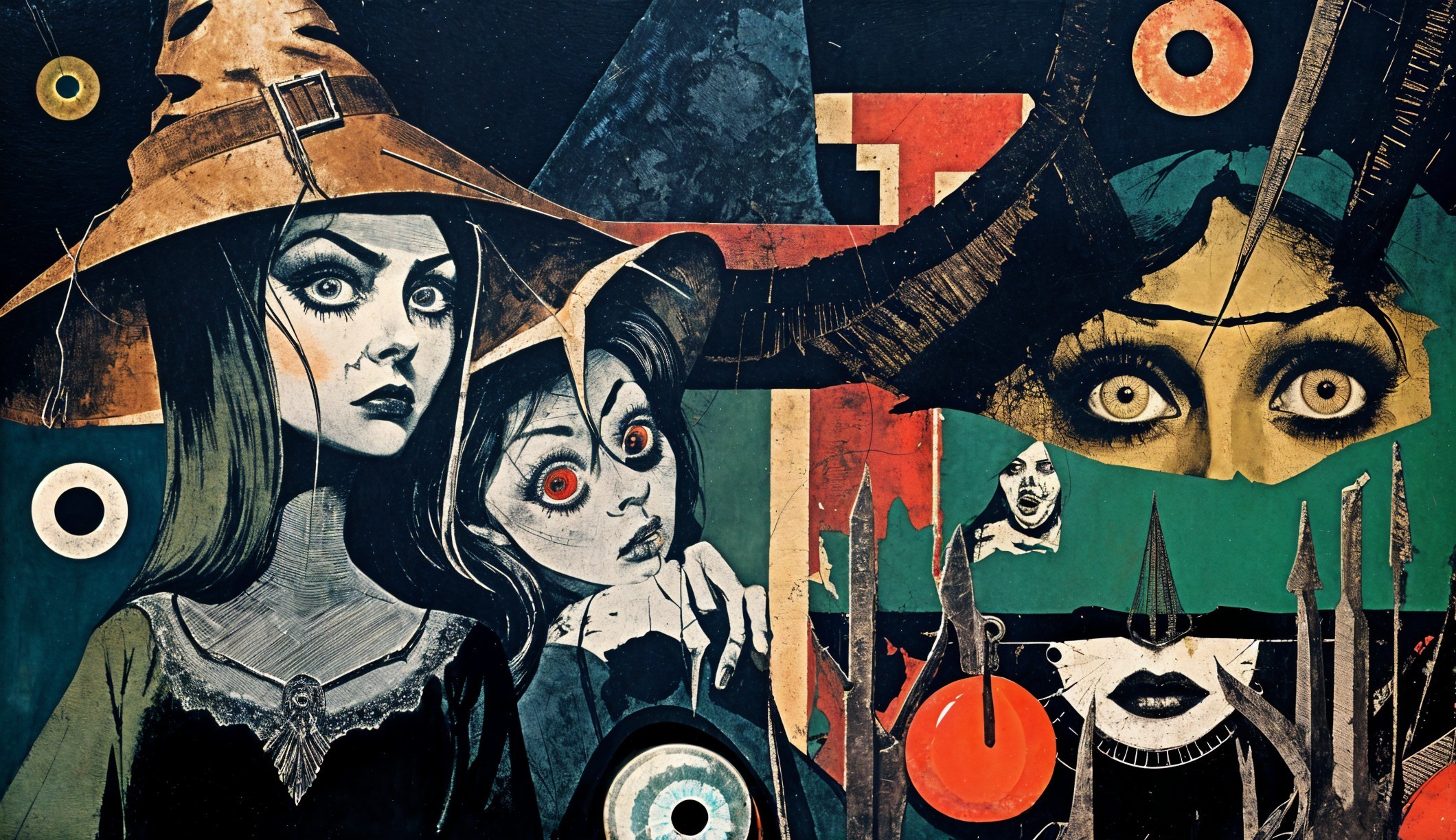 Collage Artwork with Eerie Figures and Bold Colors