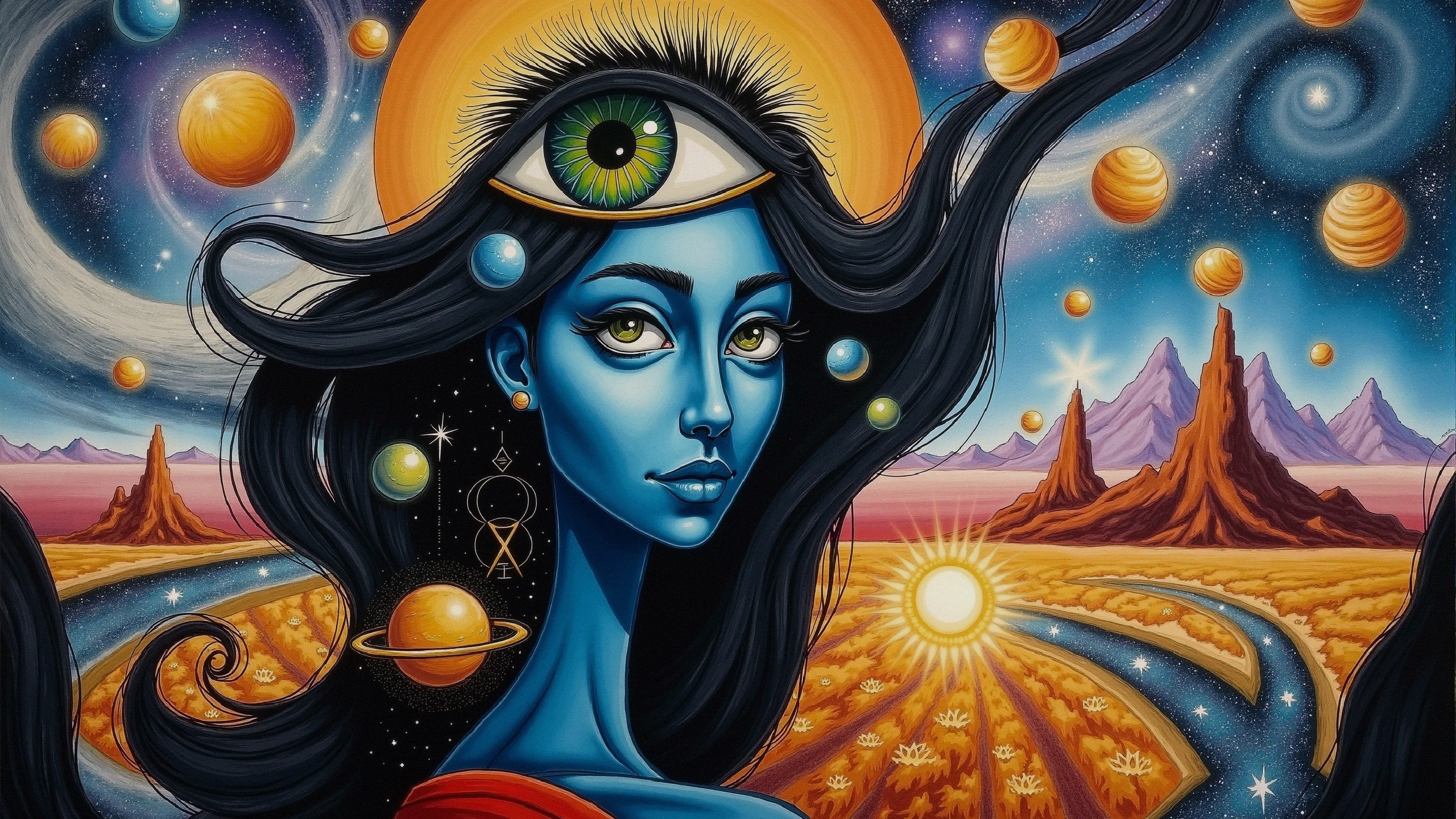 Cosmic Woman with Blue Skin in Surreal Landscape