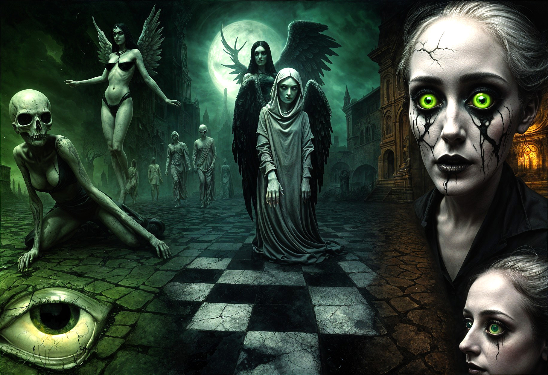 Surreal Landscape with Haunting Figures and Shadows