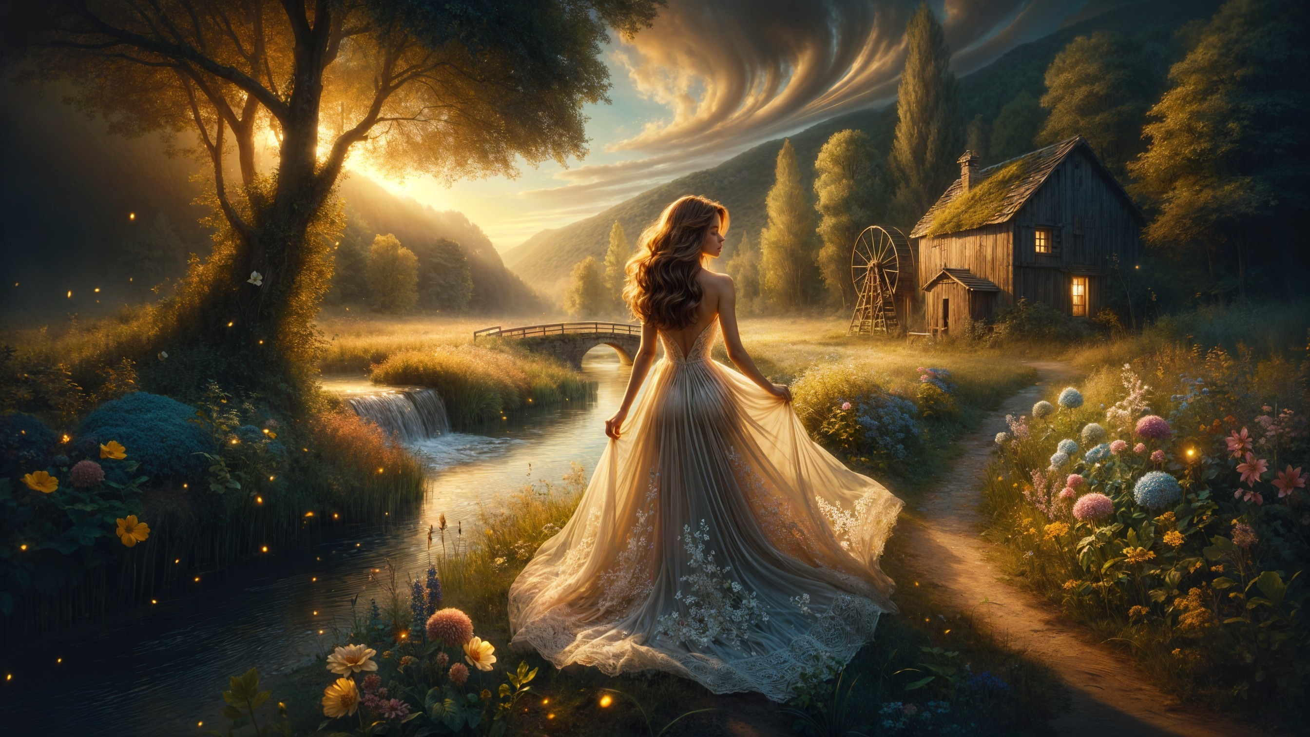 Serene Landscape with Woman by Tranquil Stream