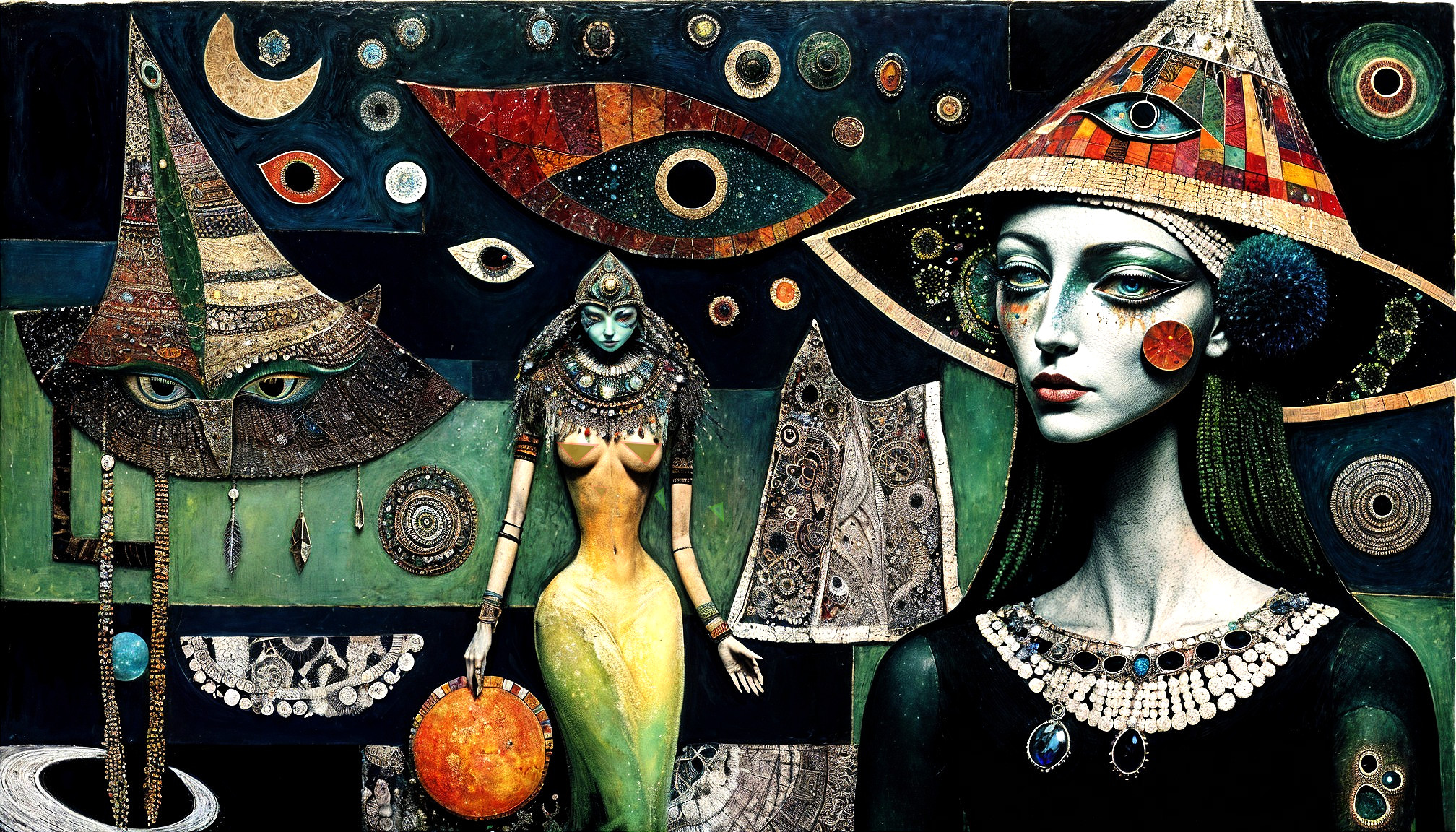 Figures with celestial sphere in vibrant, patterned artwork