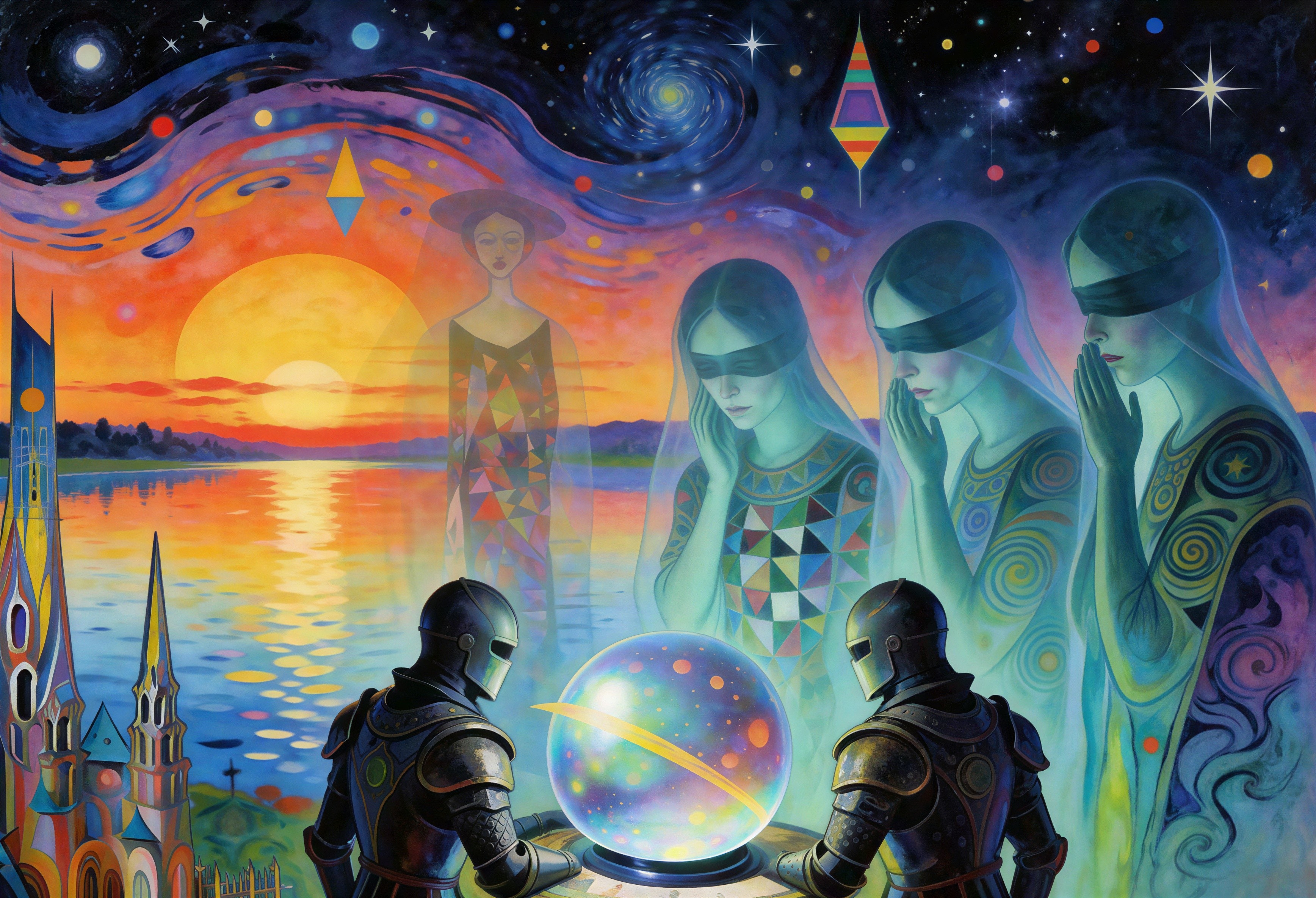 Surreal Scene with Knights and Mystical Crystal Ball