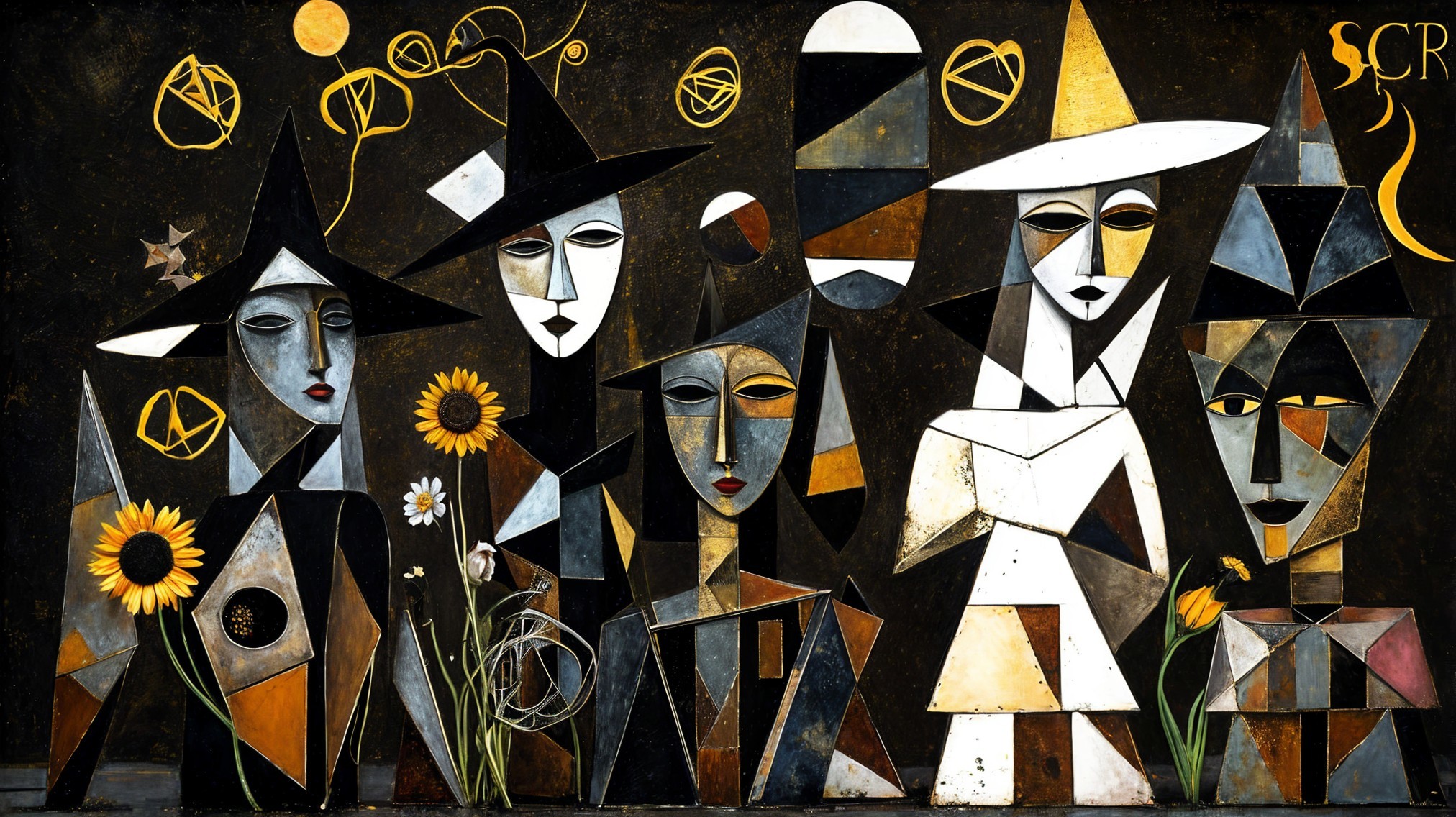 Stylized Figures with Angular Faces and Geometric Shapes