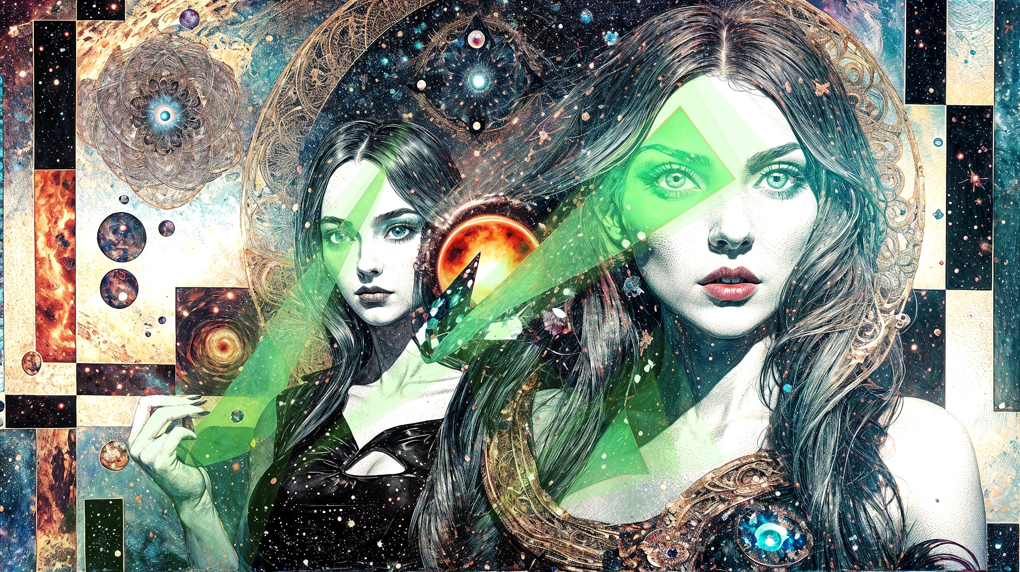 Ethereal Women in Cosmic Fantasy Scene with Light Beams