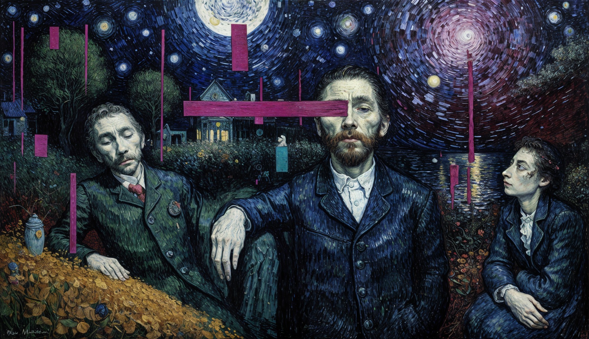 Three Figures Against a Vibrant Starry Night Sky