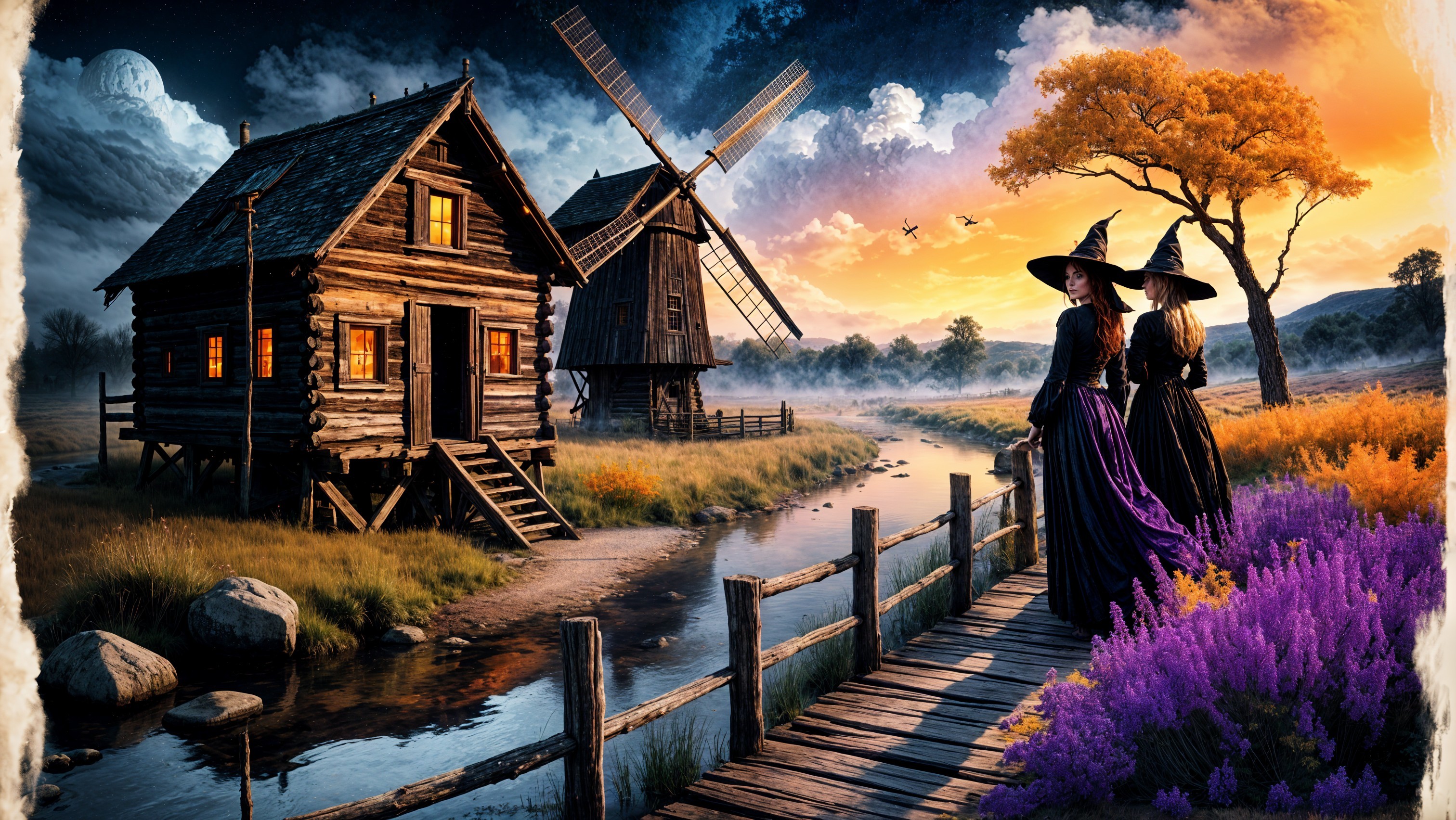 Serene Landscape with House, Windmill, and Witches