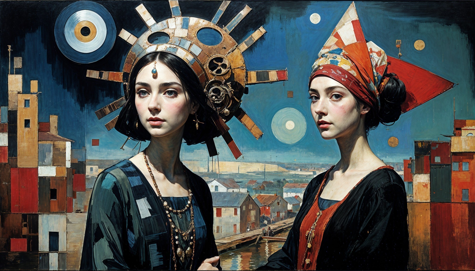 Elegant Women in Vibrant Cityscape with Headdresses